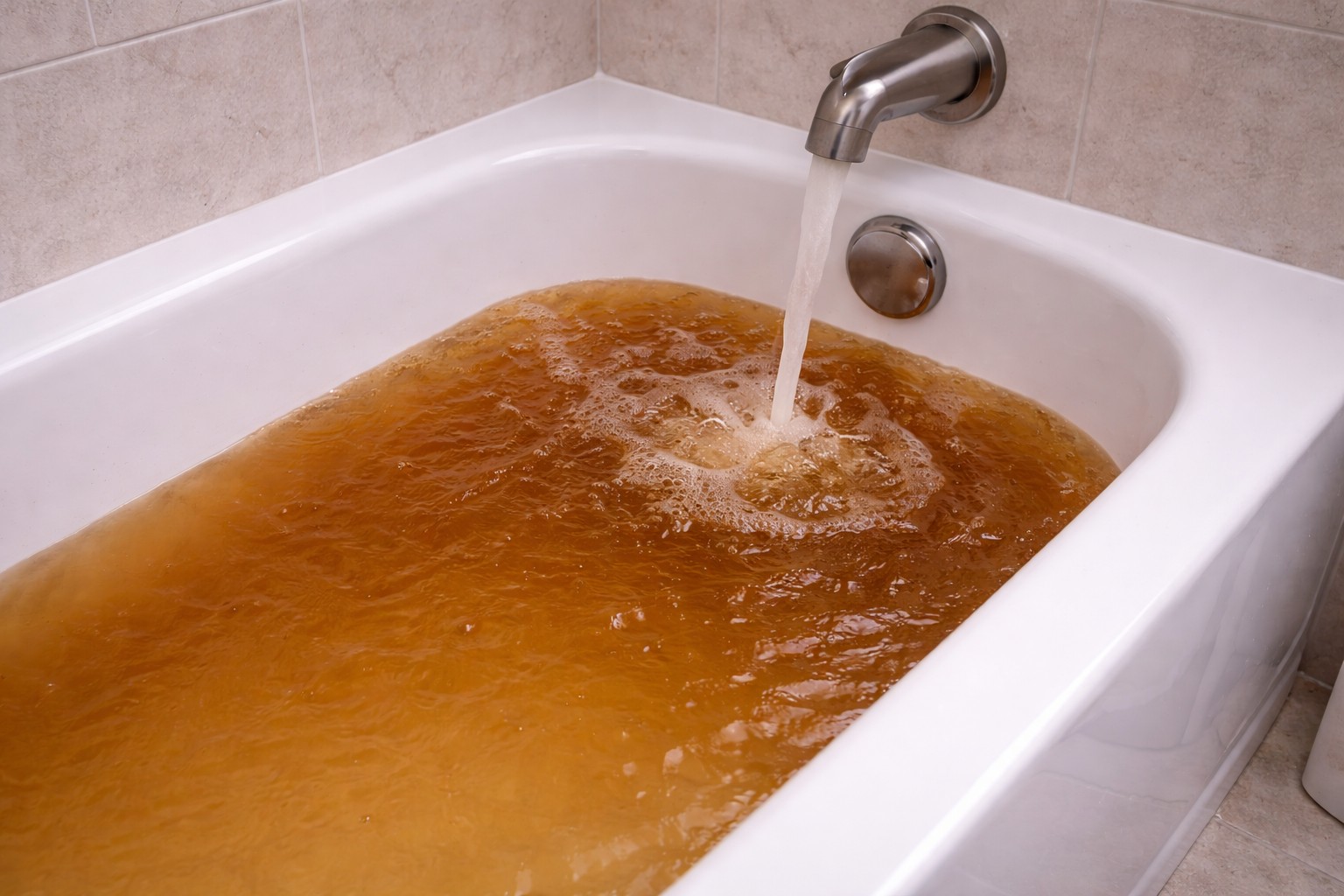 Rusty brown water in tub after operating the main shutoff