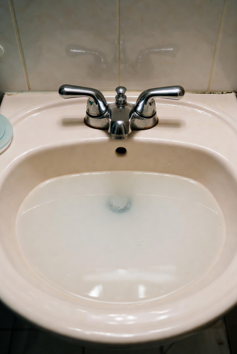 Sink bowl holding water after drainage suddenly stops