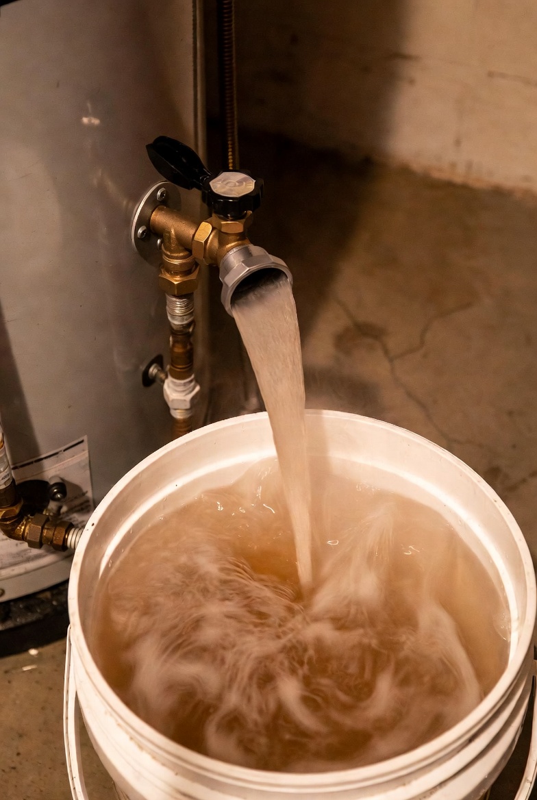 Slick oily-looking water draining from water heater valve