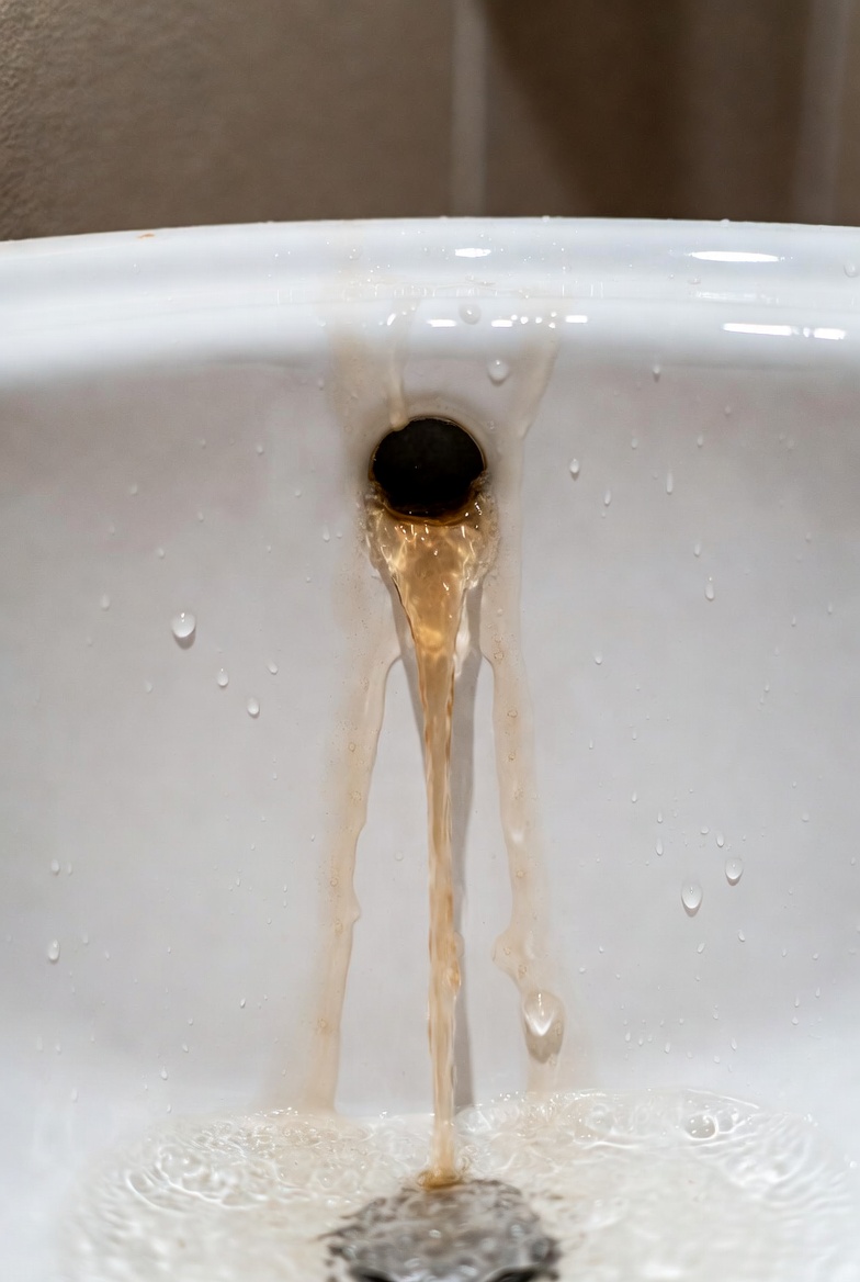 Dirty water pushing up through the sink overflow channel during intermittent backups.