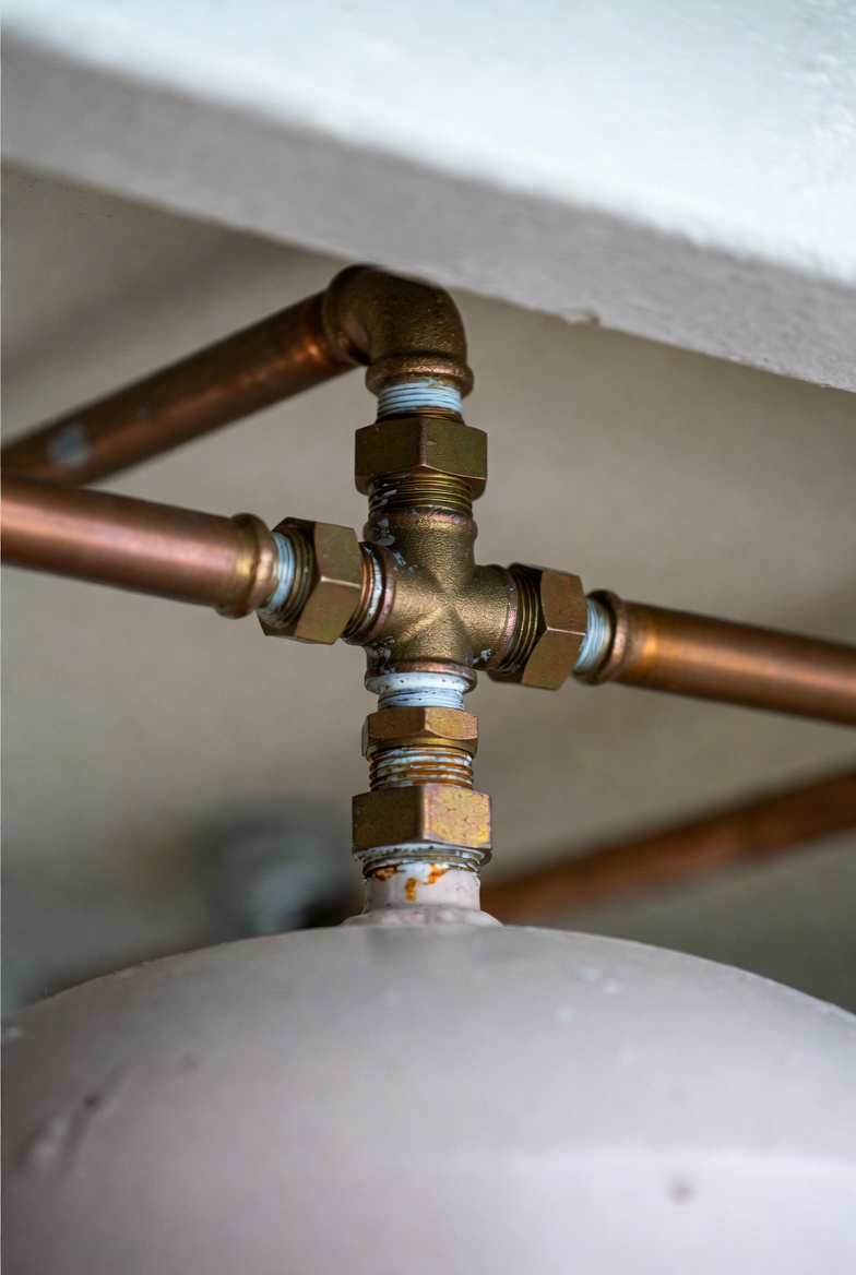 Oily residue from corroded expansion tank fittings