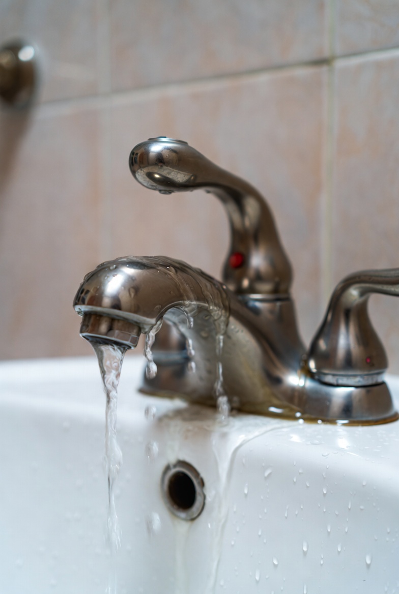 Faucet replacement area with disturbed debris affecting drain