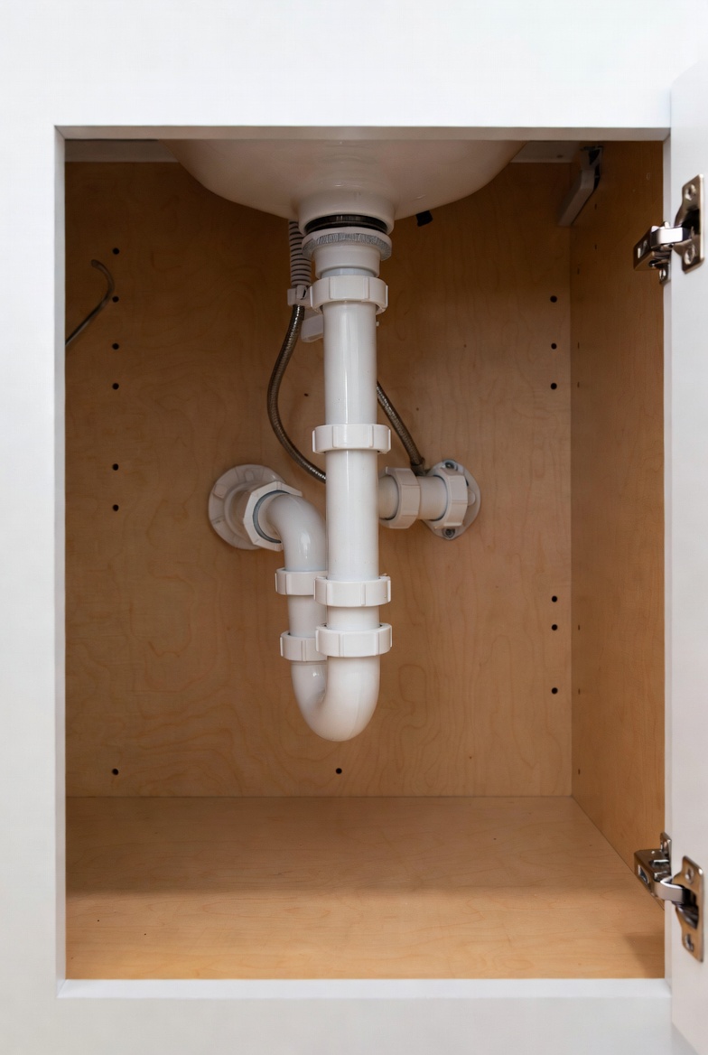 Oily residue visible under sink after recent plumbing work