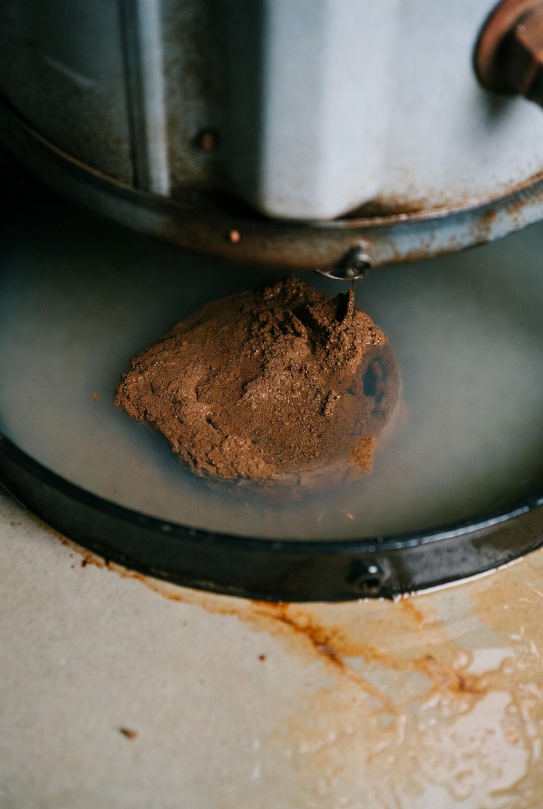 Particles settling in heater drain pan only