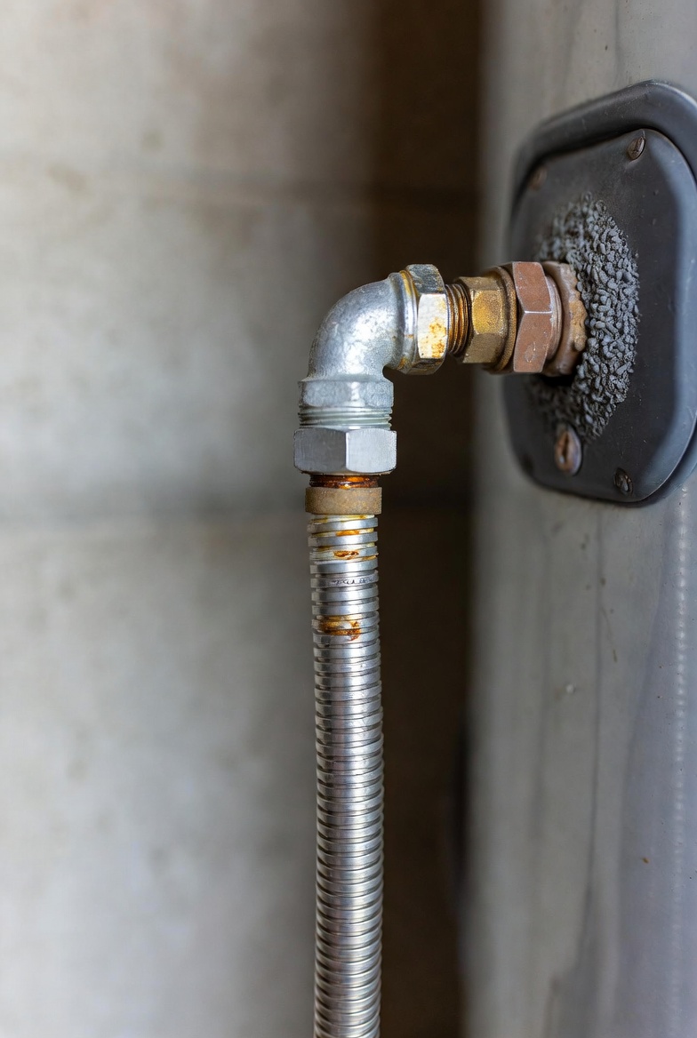Rust-stained water heater flex line after copper pipe replacement