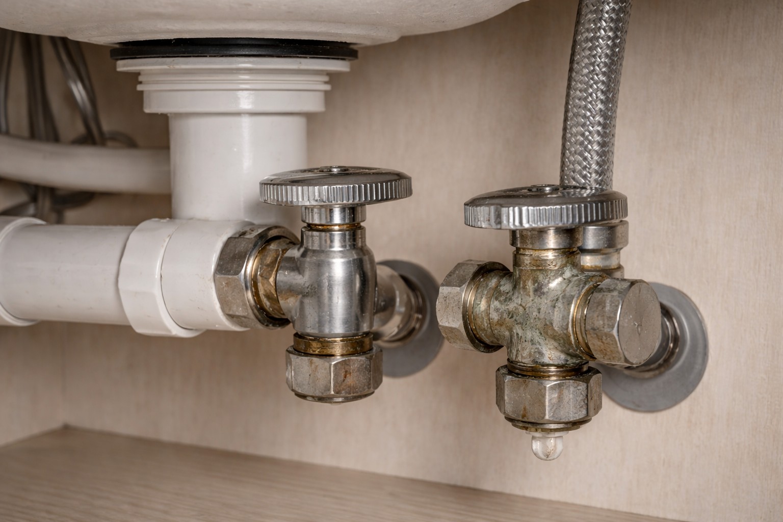 Close-up of under-sink shutoff valves and supply lines in a cabinet
