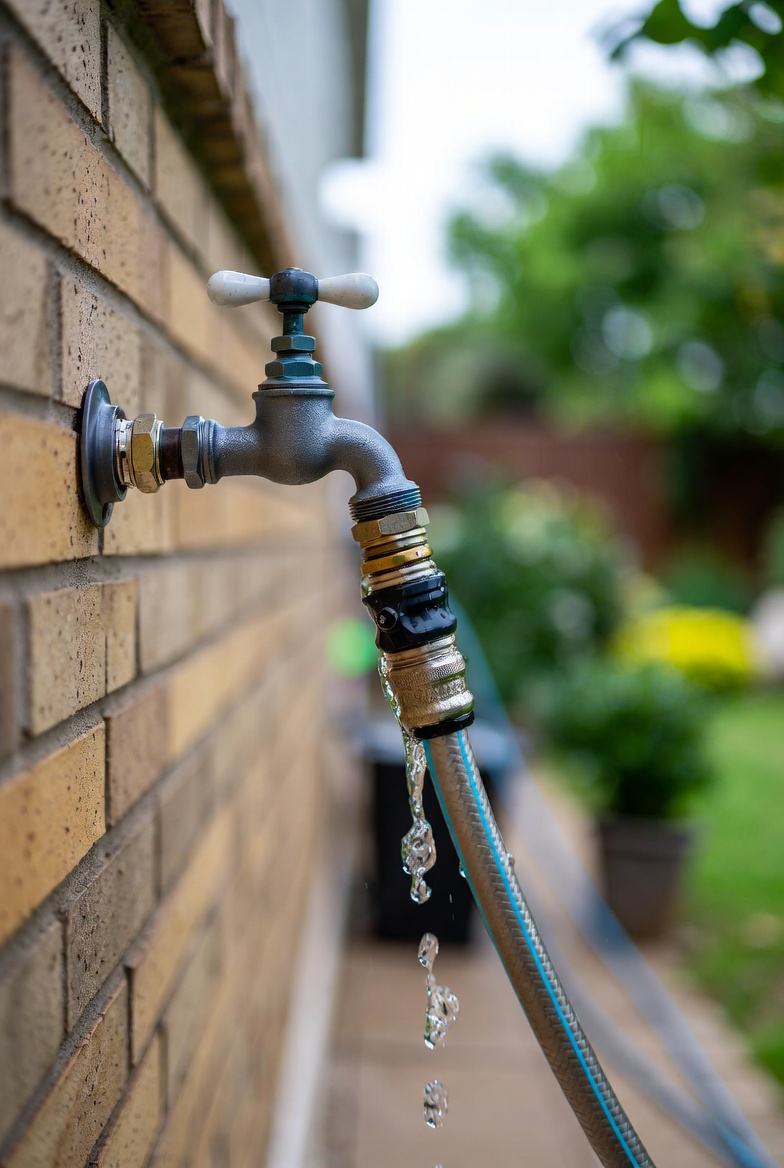 Outdoor faucet with hose connected and water dripping