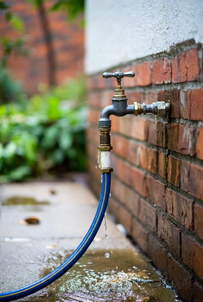 Hand turning outdoor spigot with visible drip at stem