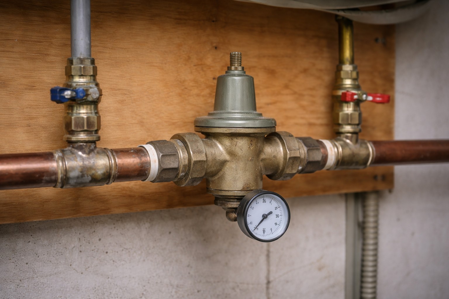 A pressure reducing valve on a home water line in a utility area