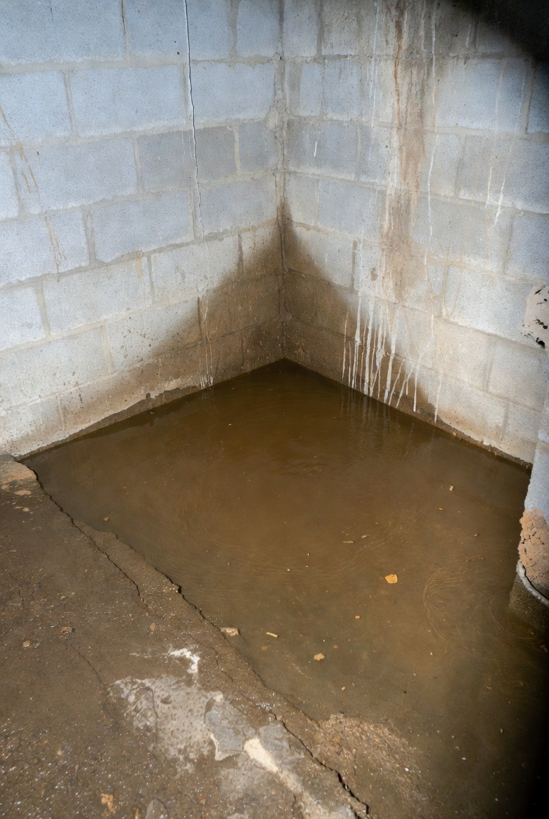 Floor drain with standing water after returning from a short vacation, luggage in background