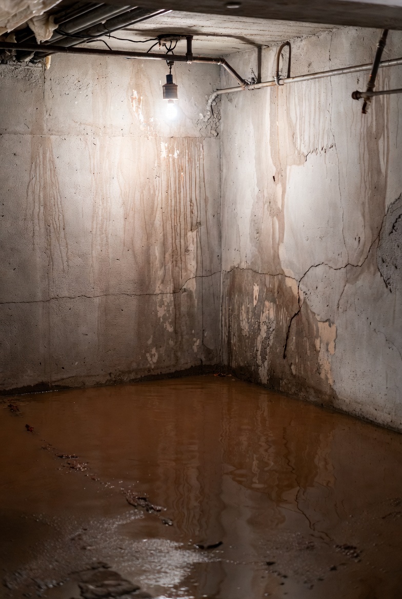 Basement drain with mud and debris after spring thaw