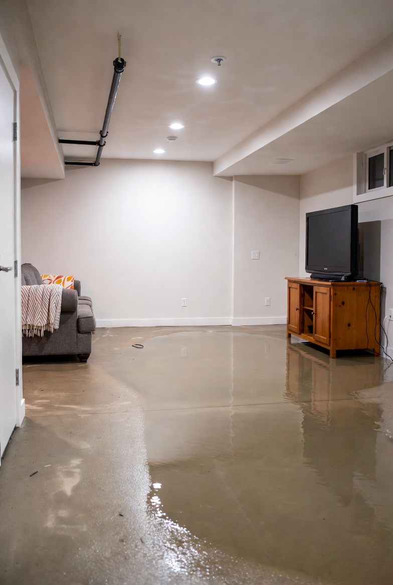 Smart shutoff device showing a tripped status with a damp patch on the basement floor