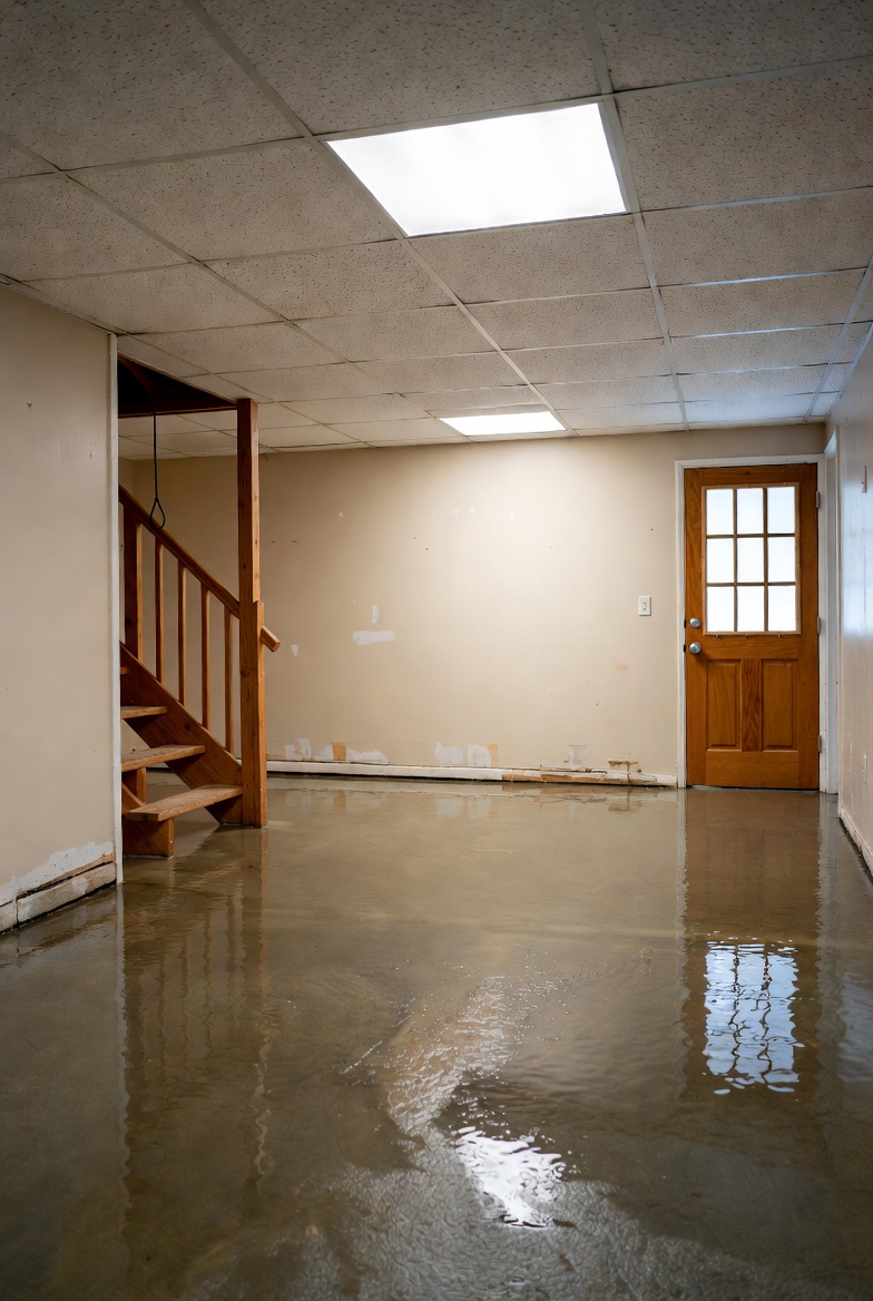 Floor drain with water and a pressure gauge on a nearby plumbing line