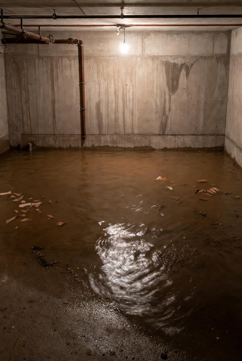 Floor drain with water after a professional sewer cleaning truck is parked outside
