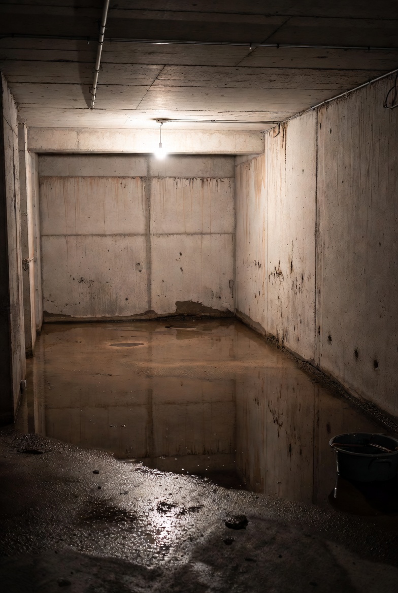 Close-up of a floor drain overflowing with rainwater