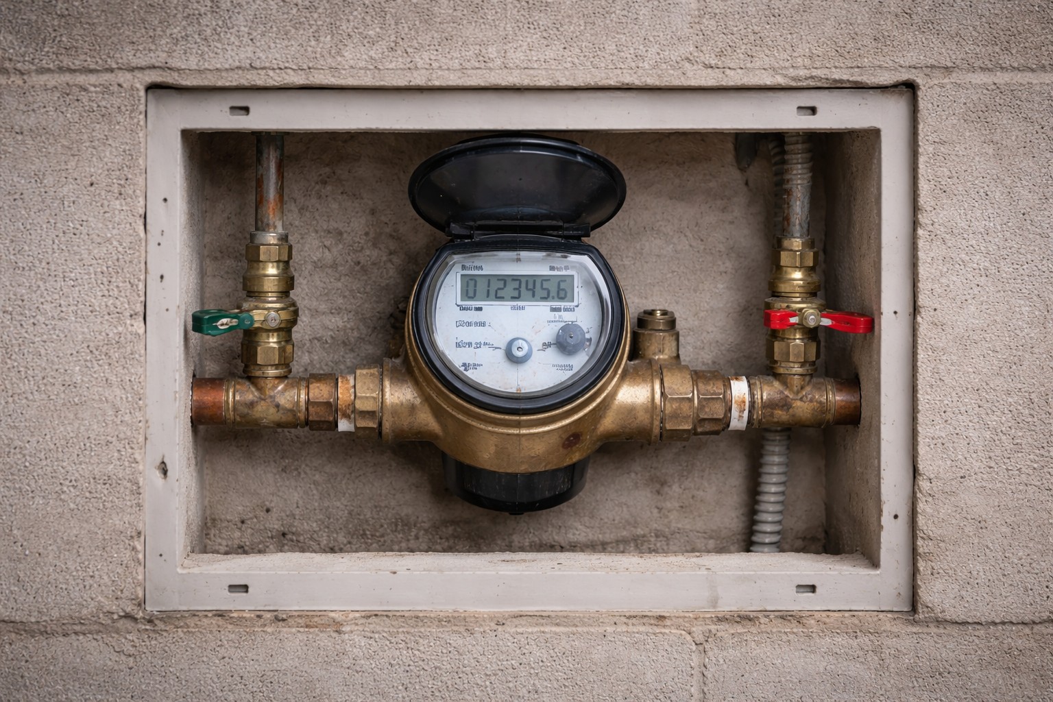 A residential water meter and shutoff valve behind an access panel